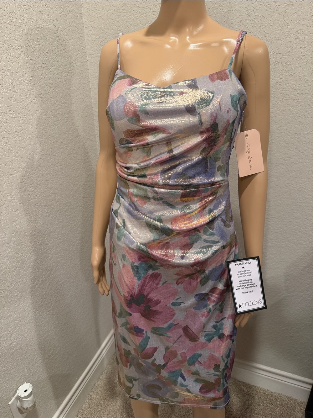 NWT Macy’s Floral Shimmer Slip Dress in floral print w/ back cutout.